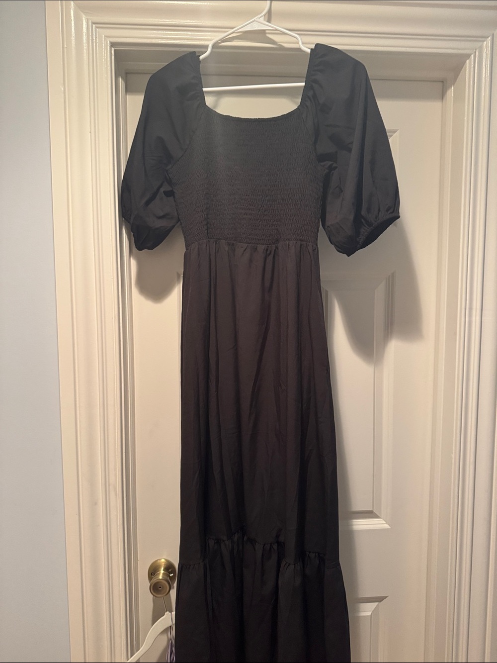 Black Puff-Sleeve Smocked Maxi Dress